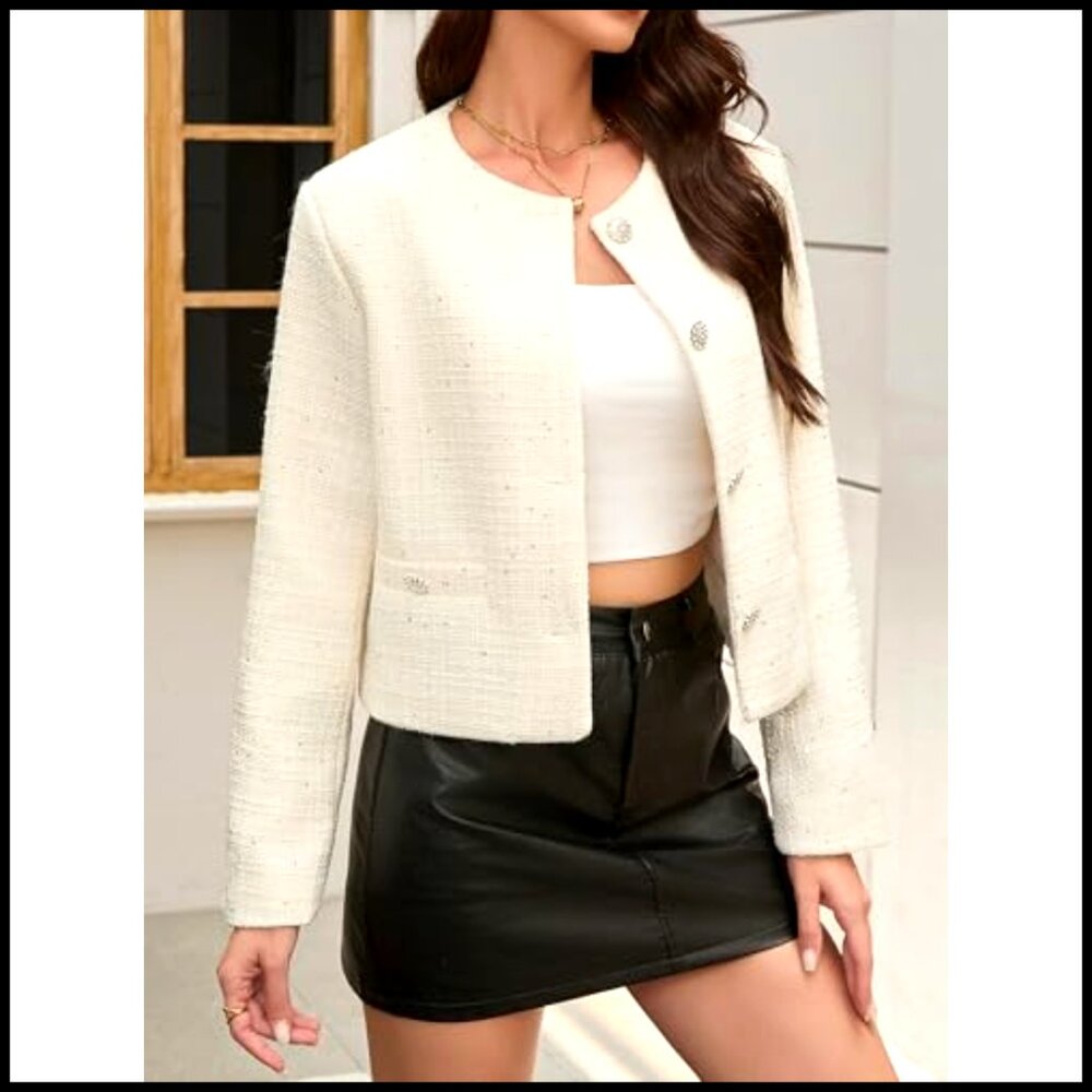 Short Tweed Blazer with Sparkle, Cropped Fit, Round Neck, Long Sleeve - Picture 4 of 7